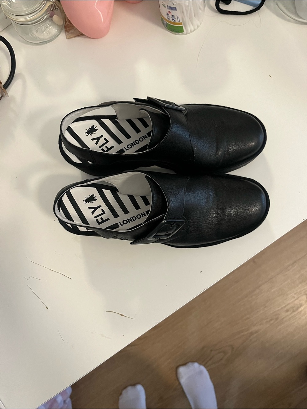 Fly London Black Leather Buckle Slingbacks